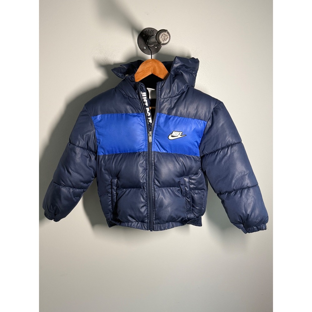 Nike Kids Navy Blue Royal Colorblock Hooded Puffer Jacket Coat Size 7 6-7 Yrs